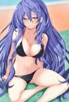  1girl absurdres bikini black_bikini blue_hair blush breasts halterneck highres iris_heart iwashi_dorobou_-r- kami_jigen_game_neptune_v large_breasts light_smile long_hair looking_at_viewer navel neptune_(series) pink_eyes power_symbol sitting smile solo swimsuit symbol-shaped_pupils very_long_hair 