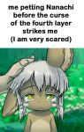  1other :&lt; ambiguous_gender bune_poster closed_mouth commentary english_commentary english_text eyebrows_visible_through_hair furry green_eyes headpat horizontal_pupils looking_at_viewer made_in_abyss medium_hair meme nanachi_(made_in_abyss) pov shiny shiny_hair tearing_up upper_body whiskers white_hair 