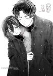  1boy 1girl 5nd_0mc black_hair black_sweater closed_eyes coat couple eren_yeager greyscale hair_between_eyes hand_in_pocket hetero highres kangaroo light_smile mikasa_ackerman monochrome parted_bangs parted_lips scar scar_on_cheek scar_on_face shared_clothes shingeki_no_kyojin short_hair snow sweater twitter_username upper_body white_background winter_clothes winter_coat 