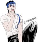  1boy 5_horulu black_pants blue_hair cu_chulainn_(fate)_(all) cu_chulainn_(fate/stay_night) cunnilingus_gesture earrings english_text fate/stay_night fate_(series) jewelry knee_up long_hair looking_at_viewer male_focus muscular muscular_male open_mouth pants ponytail red_eyes shirt short_sleeves simple_background smile solo spiked_hair t-shirt tongue tongue_out veins 