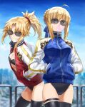  2girls ahoge artoria_pendragon_(all) bangs blonde_hair blue_ribbon blue_sky braid breasts bubble_blowing chewing_gum choker fate/apocrypha fate/stay_night fate_(series) french_braid green_eyes hair_bun hair_ornament hair_ribbon hair_scrunchie hands_in_pockets highres jacket long_hair looking_at_viewer mordred_(fate) mordred_(fate)_(all) multiple_girls parted_bangs ponytail ribbon saber scrunchie sidelocks sky small_breasts sunglasses thighhighs thighs tonee 