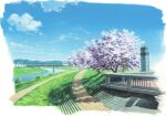  atsumori177 blue_sky bush cherry_blossoms cloud commentary_request concrete grass highres no_humans original painting_(medium) river riverbank scenery shadow sky stairs steel_beam sunlight tower traditional_media truss truss_bridge 