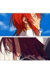  2boys asch_(tales) blood blue_sky closed_eyes cloud cloudy_sky from_side green_eyes impaled jacket long_hair luke_fon_fabre male_focus meiji_(pecosyr5) multiple_boys parted_lips popped_collar profile red_hair short_hair shoulder_pads sidelocks sky sword tales_of_(series) tales_of_the_abyss twitter_username upper_body weapon white_jacket 