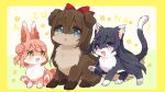  3girls :3 animal_focus animalization azuna_(love_live!) black_hair blue_eyes blush border braid brown_hair bun_with_braided_base cat commentary_request dog green_eyes grey_eyes hair_bun looking_at_another love_live! love_live!_nijigasaki_high_school_idol_club multiple_girls nako_(user_wnnm5534) no_humans open_mouth osaka_shizuku pink_hair rabbit side-by-side single_side_bun sitting standing uehara_ayumu yellow_border yuki_setsuna 
