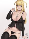  1girl amane_misa black_bra black_legwear black_lips black_nails black_panties black_sleeves blonde_hair blue_eyes bra breasts choker cross crucifix death_note donburi_(donburikazoku) highres lingerie long_hair navel panties thighhighs twintails underwear 