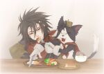  1boy armor black_hair bread cait_sith_(final_fantasy) cape cat closed_eyes commentary_request crown cup eating fangs feeding final_fantasy final_fantasy_vii final_fantasy_vii_rebirth final_fantasy_vii_remake food food_bite food_in_mouth fork gloves gradient_background hair_between_eyes hair_ornament hairclip highres holding holding_fork long_hair male_focus mini_crown msa_mne open_mouth red_cape red_eyes shoulder_armor spiked_hair straight-on table upper_body vincent_valentine white_gloves 