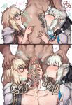 1boy 2girls absurdres aesc_(fate) aesc_(rain_witch)_(fate) black_bow blonde_hair blue_eyes bow braid breasts cum fate/grand_order fate_(series) fellatio glasses grey_hair group_sex hair_bow hetero highres large_breasts long_hair morgan_le_fay_(fate) multiple_girls oral penis ponytail radishkek revision side_ponytail sidelocks uncensored very_long_hair 
