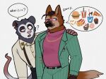 2025 american_opossum anthro apology asking asking_another belt belt_buckle black_body black_bottomwear black_clothing black_eyebrows black_fur black_nose black_outline black_pants black_text blush bodily_fluids bottomwear brown_body brown_eyes brown_fur brown_hair brown_mane buckle burger burrows_(captain_nikko) button_(fastener) cake canid canine cheek_tuft chin_tuft clothed clothing dessert dialogue digital_media_(artwork) dipstick_tail doughnut duo ear_tuft english_text eye_spots eyebrows eyewear facial_markings facial_tuft fangs fingers fluffy fluffy_tail food foxs1874 fries fur glasses glistening glistening_nose gloves_(marking) gold_(metal) gold_jewelry gold_necklace grey_(captain_nikko) hair hand_on_shoulder handkerchief head_markings hi_res ice_cream jacket jewelry kerchief leaning leaning_sideways line_art looking_aside male mammal mane maned_wolf mark_(captain_nikko) markings marsupial mask_(marking) muzzle_(marking) narrowed_eyes neck_tuft necklace notched_ear one_eye_closed one_narrowed_eye open_clothing open_jacket open_mouth open_topwear orange_body orange_fur outline pants pastry pictographics pink_clothing pink_eyewear pink_glasses pink_inner_ear pink_nose pink_tail pizza pointillism pointy_ears portrait pupils purple_clothing purple_sweater purple_topwear purple_turtleneck question question_mark rectangular_glasses round_ears shamrock shirt simple_background slightly_chubby slightly_chubby_male smile soda_cup speech_bubble standing sundae suspenders sweat sweatdrop sweater sweaty_face tail tail_markings tan_body tan_eyebrows tan_fur tan_inner_ear teal_bottomwear teal_clothing teal_jacket teal_pants teal_topwear teeth text thick_eyebrows thick_neck thinking_about_food three-quarter_portrait three-quarter_view topwear tuft turtleneck two_tone_tail virginia_opossum white_background white_clothing white_sclera white_shirt white_tail white_topwear