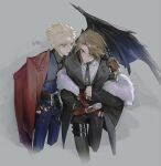  2boys alternate_costume aqua_eyes arm_around_neck black_coat black_jacket black_necktie black_pants black_shirt black_suit black_wings blonde_hair blue_eyes blue_jacket blue_pants blue_suit brown_hair chain chain_necklace clawed_gauntlets cloud_strife coat coat_on_shoulders coat_partially_removed collared_shirt cowboy_shot crossed_belts demon_wings final_fantasy final_fantasy_vii final_fantasy_viii fingerless_gloves fur-trimmed_coat fur_trim gloves hair_between_eyes highres jacket jewelry kingdom_hearts light_blush lily_(shio1006) male_focus multiple_boys necklace necktie pants parted_bangs red_coat scar scar_on_face scar_on_forehead shirt short_hair single_wing spiked_hair squall_leonhart suit thigh_strap wings yaoi 