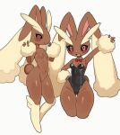  2girls :3 animal_ears animal_nose arm_up armpits ass_visible_through_thighs bare_shoulders batrobin_k black_leotard black_sclera blush body_fur bow bowtie breasts brown_fur closed_mouth colored_sclera completely_nude covered_navel cropped_legs detached_collar full_body furry furry_female groin hand_on_own_hip hand_up hands_up happy highleg highres leotard looking_at_viewer lopunny multiple_girls multiple_views navel no_nipples no_pussy nude open_mouth outstretched_arm pink_eyes playboy_bunny pointy_ears pokemon pokemon_(creature) rabbit_ears rabbit_girl rabbit_tail red_bow red_bowtie red_eyes simple_background small_breasts smile standing stomach strapless strapless_leotard tail thigh_gap thighs traditional_bowtie two-tone_fur white_background wide_hips yellow_fur 