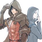  1boy 1girl armor back-to-back beard_stubble black_armor black_hair black_jacket blue_eyes clive_rosfield cloak closed_mouth commentary_request facial_hair final_fantasy final_fantasy_xvi grey_hair hair_between_eyes highres hood hood_up hooded_cloak hooded_jacket horoq3 jacket jill_warrick long_hair metal_gloves pectorals red_vest short_hair shoulder_armor stubble swept_bangs upper_body vambraces vest 