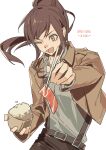  1girl absurdres bowl brown_eyes brown_hair brown_jacket chopsticks collared_shirt dated food grey_shirt harness highres holding holding_chopsticks holding_food jacket long_hair one_eye_closed open_mouth ponytail rice_bowl sasha_blouse shingeki_no_kyojin shirt smile solo upper_body white_background zest_(kumolyy) 