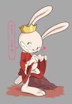  &lt;3 anthro baggy_clothing bedroom_eyes big_feet clothed clothing clothing_lift crown dialogue feet gold_(metal) grey_background hi_res holding_clothing holding_object kneeling lagomorph leaning leporid long_ears male mammal max_(sam_and_max) narrowed_eyes papseeeee pink_nose rabbit robe rock sam_and_max seductive sharp_teeth simple_background smile solo speech_bubble teasing teeth white_body 