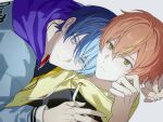  2boys absurdres aoyagi_touya blonde_hair blue_eyes blue_hair closed_mouth drawstring eyes_visible_through_hair fingernails green_eyes grey_background hair_between_eyes hashtag-only_commentary highres hood hood_down hoodie jewelry long_sleeves looking_at_viewer male_focus mole mole_under_eye multicolored_hair multiple_boys necklace orange_hair project_sekai ray_(lthenray) shinonome_akito short_hair simple_background split-color_hair streaked_hair two-tone_hair yaoi yellow_hoodie 