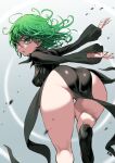  1girl ass black_dress black_shoes blush breasts commentary curly_hair dress english_commentary flipped_hair floating floating_object from_behind fuya_(tempupupu) green_eyes green_hair high_heels kneepits levitation long_sleeves looking_at_viewer looking_back no_panties one-punch_man open_mouth pussy pussy_peek shoes short_hair side_slit small_breasts solo tatsumaki telekinesis thighs 