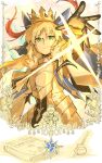  1girl ahoge armor armored_dress artoria_caster_(fate) artoria_caster_(third_ascension)_(fate) artoria_pendragon_(fate) blonde_hair book breastplate commentary_request crown dress fate/grand_order fate_(series) gloves grand_servant_(fate/grand_order) green_eyes highres kankan33333 long_hair long_sleeves looking_at_viewer morgan_le_fay_(fate) oberon_(fate) reaching saber_(fate) smile standing 