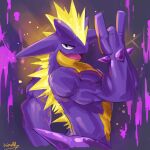  abs amped_toxtricity anthro biceps hair hi_res looking_at_viewer male muscular muscular_anthro muscular_male nintendo open_mouth pecs pok&eacute;mon pok&eacute;mon_(species) pose purple_body scalie solo sparkles toxtricity video_games waddledox 