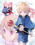  1boy 1girl ^_^ blonde_hair blue_capelet blue_shorts capelet character_name closed_eyes commentary_request crown flag glint hano_luno heart's_egg_(shugo_chara!) highres hinamori_amu holding holding_scepter hotori_tadase multiple_views pink_eyes pink_hair red_capelet scepter shorts shugo_chara! smile sparkle twitter_username 
