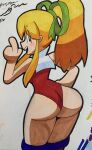  ass ass_focus blonde_hair blush_stickers boots capelet from_behind green_eyes green_ribbon hair_ribbon hand_on_own_hip hand_up highres jak_t_roose knee_boots leotard long_hair looking_at_viewer looking_back mega_man_(series) multicolored_leotard one-piece_swimsuit open_mouth ponytail red_leotard ribbon roll_(mega_man) sidelocks simple_background smile swimsuit teeth tongue two-tone_leotard upper_teeth_only white_background white_leotard 