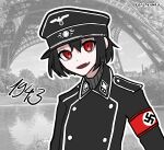  1girl armband artist_name black_hair black_hat eiffel_tower fang hair_between_eyes hat koalakanru lake looking_at_viewer military_hat military_uniform nazi open_mouth original peaked_cap photo_background red_armband red_eyes reichsadler short_hair solo ss_insignia sven_hoffmann swastika timestamp waffen-ss 
