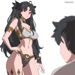  1boy 1girl absurdres ahoge armlet bikini black_hair breasts cleavage detached_sleeves earrings fate/grand_order fate_(series) fujimaru_ritsuka_(male) hair_ribbon hand_on_hip highres ishtar_(fate) ishtar_(fate)_(all) jewelry long_hair midriff navel oreomanko red_eyes ribbon simple_background smile strapless swimsuit tubetop two_side_up white_background 