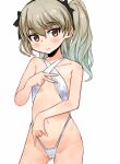  1girl ass_visible_through_thighs bangs black_ribbon blush brown_eyes closed_mouth commentary cowboy_shot eyebrows_visible_through_hair flat_chest frown gesture girls_und_panzer hair_ribbon highres light_brown_hair long_hair looking_at_viewer monomono navel one_side_up pointing pointing_down ribbon shimada_arisu simple_background slingshot slingshot_swimsuit solo standing swimsuit v white_background 