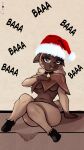 anthro bleating breasts choker christmas christmas_clothing christmas_headwear clothing cosmonaut crossed_legs cult_of_the_lamb ears_down female fluffy fluffy_hair hair hat headgear headwear hi_res holidays hooves horizontal_pupils jewelry lamb_(cult_of_the_lamb) looking_at_another massive_monster_(studio) midriff navel necklace pivoted_ears pupils santa_hat shawl signature solo tail tail_motion tailwag teeth thick_thighs thighs_together