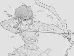  1boy absurdres archery arrow_(projectile) bow_(weapon) clenched_teeth commentary cowboy_shot drawing_arrow earrings english_commentary fighting_stance furrowed_brow grey_background greyscale hair_between_eyes hair_tie highres holding holding_arrow holding_bow_(weapon) holding_weapon jewelry link low_ponytail male_focus medium_hair monochrome multiple_scars pointy_ears ponytail scar scar_on_arm scar_on_cheek scar_on_chest scar_on_face scars_all_over shin_ra_ra sidelocks sketch slit_pupils solo sweat teeth the_legend_of_zelda the_legend_of_zelda:_breath_of_the_wild topless_male weapon 