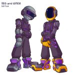 2000s_(style) 2boys character_name coat commentary copyright_name daft_punk english_commentary full_body gloves guy-manuel_de_homem-christo helmet highres humanoid_robot karakatodzo male_focus mechanization mega_man_(series) mega_man_zero_(series) multiple_boys nakayama_tooru_(style) padded_coat parody robot shoes simple_background sneakers standing style_parody thomas_bangalter white_background 