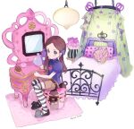  1girl artist_name blush chocolat_meilleure commentary_request earrings full_body green_eyes hano_luno heart_pendant highres indoors jewelry looking_at_viewer orange_hair pillow pointy_ears puffy_short_sleeves puffy_sleeves short_sleeves sitting solo striped_clothes striped_thighhighs sugar_sugar_rune thighhighs twintails 