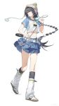  1girl black_hair black_socks blue_shirt blue_skirt chao_kun_hailuo chinese_commentary closed_mouth commentary_request crop_top female_rover_(wuthering_waves) hand_on_own_hip hand_up hat highres long_hair looking_at_viewer navel official_alternate_costume official_art rover_(wuthering_waves) shirt shoes short_sleeves simple_background skirt smile socks solo stomach tacet_mark_(wuthering_waves) tachi-e two-tone_shirt very_long_hair white_background white_shirt white_shoes white_socks wuthering_waves yellow_eyes 