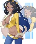  1girl black_hair blue_eyes blue_pants breasts clothes_pull commentary dahlia_(pokemon) eyelashes flashing grin hair_ornament highres kai-too long_hair looking_at_viewer multiple_views navel_piercing nipples one_breast_out outline pants pants_pull piercing pokemon pokemon_dppt pokemon_platinum pussy shirt shirt_tug smile teeth yellow_shirt 
