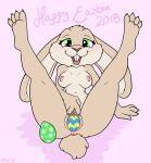 anthro better_version_at_source big_ears breasts easter egg female genitals green_eyes hi_res hirurux holidays lagomorph legs_up leporid mammal nipples nude oviposition pussy rabbit short_tail solo solo_focus spread_pussy spreading 