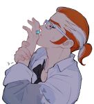  1boy arm_up black_bow black_bowtie bow bowtie collared_shirt commentary_request eyelashes from_side grisham_(pokemon) hand_on_own_wrist jewelry kiss male_focus mega_ring multicolored_hair open_clothes open_shirt oshiyoarigato pokemon pokemon_legends:_z-a ponytail red_hair ring shirt short_ponytail sideburns solo streaked_hair undone_bowtie upper_body white_hair white_shirt 