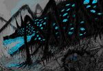  3others absurdres blue_eyes claws eldritch_abomination extra_arms extra_eyes extra_legs fangs giant giant_monster greyscale hessian highres limited_palette monochrome monster multiple_others original partially_colored spaghetti-bastard too_many_eyes trench_knife 