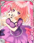  1girl :d animal_hug blunt_bangs bow breasts card_(medium) character_name chihuahua cleavage dog dress girlfriend_(kari) hair_bow hair_ornament large_breasts looking_at_viewer nitta_moeka official_art open_mouth pink_background pink_bow pink_hair puffy_short_sleeves puffy_sleeves purple_bow purple_dress purple_eyes qp:flapper raised_inner_eyebrows short_sleeves skirt smile solo 