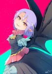  1girl alternate_costume aqua_background aqua_bow aqua_neckwear bat_wings black_dress bow carte cravat dress fangs frills highres light_purple_hair long_skirt long_sleeves pink_background purple_hair red_eyes remilia_scarlet short_hair skirt smile touhou wings 