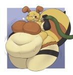 antennae_(anatomy) anthro arthropod arthropod_abdomen bee belly big_belly big_breasts black_eyes blush blush_lines breasts character_request clothing female hi_res hose hose_inflation huge_belly huge_breasts huge_thighs hymenopteran hyper hyper_thighs inazuma_kat inflation insect motion_lines multicolored_body obese obese_anthro obese_female one_eye_closed overweight overweight_anthro overweight_female solo standing stinger tan_body thick_thighs topwear yellow_body