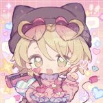  1boy 5uper_love_(ensemble_stars!) animal_hat black_hat blonde_hair blush cat_hat character_name chibi chinese_commentary commentary_request commission dated earrings electric_plug ensemble_stars! eyewear_on_head facial_mark frilled_shirt frills green_eyes hair_between_eyes hat heart heart-shaped_eyewear heart_earrings heart_facial_mark heart_in_eye highres index_finger_raised jewelry koxomaru looking_at_viewer male_focus official_alternate_costume open_mouth portrait shiratori_aira_(ensemble_stars!) shirt short_hair solo sparkle straight-on symbol_in_eye 