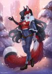  2021 5_fingers anthro black_hair black_nose breasts canid canine clothed clothing day detailed_background digital_media_(artwork) eyebrows eyelashes female fingers fox fur hair hi_res mammal outside red_body red_fur snow snowing solo sorafoxyteils 