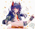  2girls ? arknights baiwei_lai birthday_cake black_gloves black_jacket blue_hair blurry blurry_foreground blush cake candle ch&#039;en_(arknights) collared_shirt commentary confetti depth_of_field dragon_horns earpiece embarrassed english_commentary eyebrows_visible_through_hair fingerless_gloves food gloves highres horns hoshiguma_(arknights) jacket long_hair looking_at_viewer mixed-language_commentary multiple_girls necktie open_clothes open_jacket open_mouth orange_neckwear pov purple_eyes shirt simple_background solo_focus spoken_character spoken_question_mark surprised sweat sweatdrop sweating_profusely twintails upper_body white_background white_shirt wing_collar 