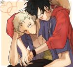  2boys black_hair black_pants blue_shirt blush closed_eyes closed_mouth commentary earrings elbow_rest green_hair haramaki hat head_on_another's_shoulder head_rest heart highres hug hug_from_behind jewelry leaning_on_person male_focus monkey_d._luffy multiple_boys one_piece open_clothes open_shirt pants red_shirt roronoa_zoro scar scar_on_cheek scar_on_chest scar_on_face shirt short_hair sitting straw_hat ttoottoo unworn_hat unworn_headwear upper_body yaoi 