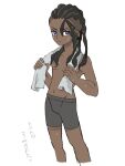  1boy absurdres alternate_costume blue_eyes boxer_briefs closed_mouth collarbone commentary_request cropped_legs dark-skinned_male dark_skin eyelashes highres holding holding_towel long_hair male_focus male_underwear naveen_(pokemon) pokemon pokemon_legends:_z-a simple_background solo toride_(0802480971) towel towel_around_neck underwear wet white_background 
