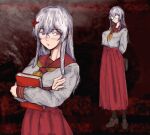  1girl bad_link belt black_socks blush book brown_shoes crossed_arms glasses hair_ornament hearts_of_iron highres holding holding_book hugging_object iaart1 loafers long_belt long_hair necktie red_belt red_eyes red_necktie red_star sailor_collar school_uniform second-party_source serafuku shirt shoes socks solo star_(symbol) star_hair_ornament the_fire_rises the_long_march_(tfr) white_hair white_shirt yellow_sailor_collar 