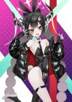  1girl absurdres animal_ears bare_shoulders black_gloves black_hair black_horns black_jacket black_leotard black_nails black_necktie black_pantyhose breasts clothing_cutout commentary_request cowboy_shot detached_collar diein_(djmax) djmax djmax_respect fake_animal_ears fake_tail fingerless_gloves gloves hair_ornament heart heart_in_eye heart_sticker high_heels highleg highleg_leotard highres horns jacket korean_commentary leg_up leotard lollipop_in_mouth looking_at_viewer navel navel_cutout necktie open_clothes open_jacket open_mouth pantyhose playboy_bunny rabbit_ears rabbit_tail shoes short_hair single_leg_pantyhose small_breasts solo star-shaped_pupils star_(symbol) sticker sticker_on_face strapless strapless_leotard symbol-shaped_pupils symbol_in_eye tail thigh_strap toulalan tsurime white_shoes yellow_eyes 