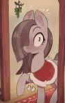 absurd_res anthro blush bodily_fluids christmas christmas_clothing clothing earth_pony equid equine female friendship_is_magic fur grey_body grey_fur grey_hair hair hasbro hi_res holidays hooves horse inside mammal marble_pie_(mlp) mistletoe my_little_pony nookprint open_mouth plant pony purple_eyes quadruped solo surprised sweat tail
