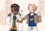  2boys :d ahoge blonde_hair blue_shirt blush_stickers brown_jacket closed_eyes collared_shirt commentary_request dark-skinned_male dark_skin green_necktie hand_up jacket long_hair male_focus multiple_boys naveen_(pokemon) necktie neko-me-kun open_clothes open_jacket open_mouth orange_vest pants pokemon pokemon_legends:_z-a print_shirt shirt smile speech_bubble translation_request urbain_(pokemon) vest white_background white_jacket 