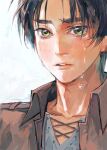  1boy brown_hair brown_jacket collarbone collared_jacket commentary crying crying_with_eyes_open eren_yeager green_eyes grey_shirt highres jacket male_focus nan0344 parted_lips portrait shingeki_no_kyojin shirt short_hair simple_background solo streaming_tears symbol-only_commentary tears v-neck white_background wing_collar 