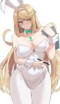  1girl absurdres amausa_subee animal_ears blonde_hair breasts commentary_request fake_animal_ears highres leotard mythra_(xenoblade) pantyhose playboy_bunny rabbit_ears revision simple_background solo white_background white_leotard white_wrist_cuffs wrist_cuffs xenoblade_chronicles_(series) xenoblade_chronicles_2 yellow_eyes 