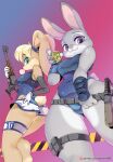  2girls animal_ears belt blonde_hair breasts bubble_blowing bulletproof_vest bunny_ears bunny_nose bunny_tail charm_(object) chewing_gum elbow_gloves english_commentary from_below furry gloves gun hairband highres holding holding_gun holding_weapon judy_hopps lola_bunny looking_at_viewer looney_tunes multiple_girls one-piece_swimsuit police_badge rabbit_girl shepherd0821 short_shorts shorts shotgun space_jam swimsuit symbol_commentary tactical_clothes tail thigh_pouch thigh_strap truncheon weapon white_gloves zootopia 